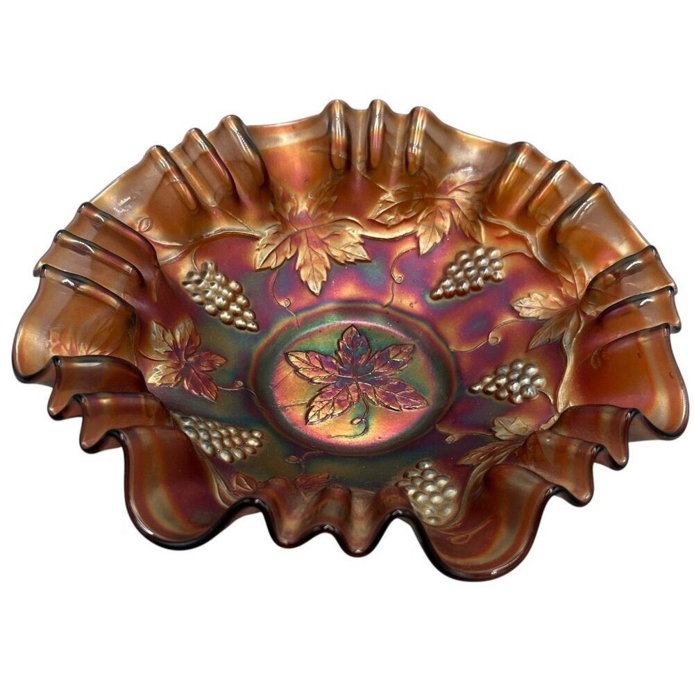Vtg Fenton Amethyst Carnival Glass Bowl Grapes Leaves Iridescent Ruffled Edge
